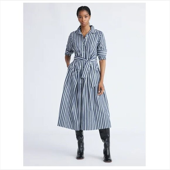 Free Assembly Blue Striped Belted Cotton Maxi Shirtdress with Long Sleeves - Picture 2 of 6